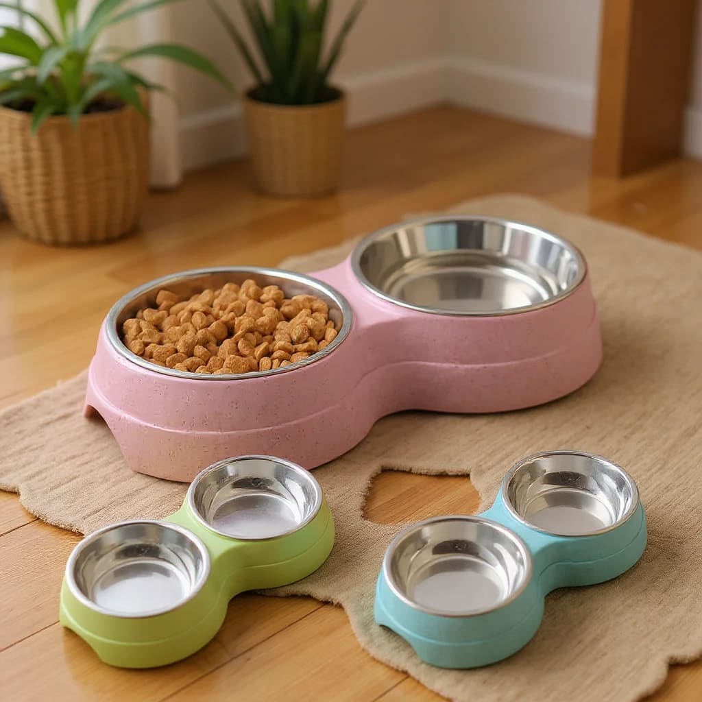 Tigela Dupla de Aço Inoxidável para Cães e Gatos com Base Antiderrapante