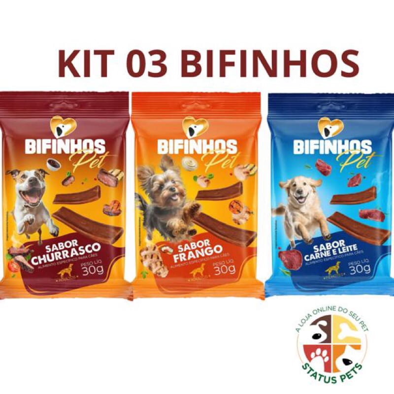 Kit 03 Petiscos para Cães Adultos Snacks Bifinhos Pet