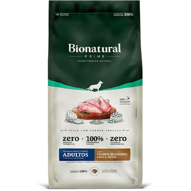 Ração Bionatural Prime para Cães Adultos de Raças Médias e Grandes Sabor Frango 10,1KG