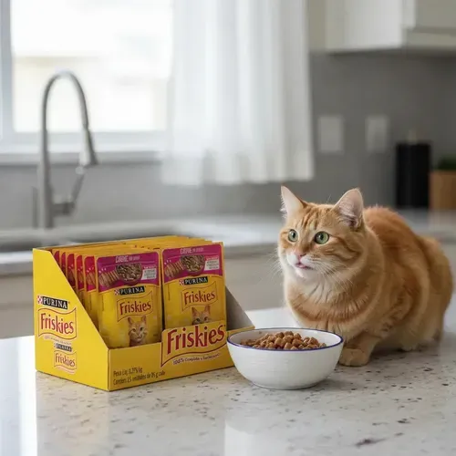 Caixa com 15 sachês de comida úmida Friskies para gatos adultos, sabor carne ao molho, 85g.