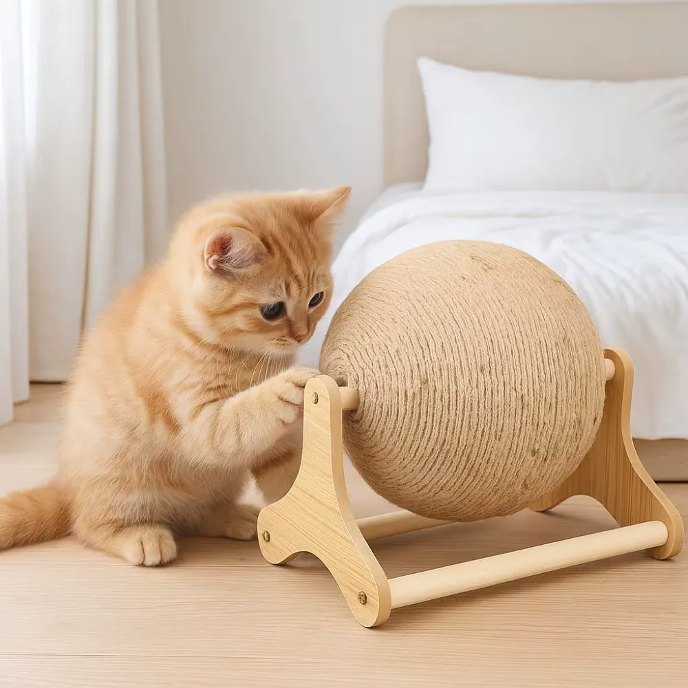 Arranhador de madeira maciça em formato de elefante para gatos, com bola de sisal durável e suporte triangular estável para brincadeiras diárias de gatos.